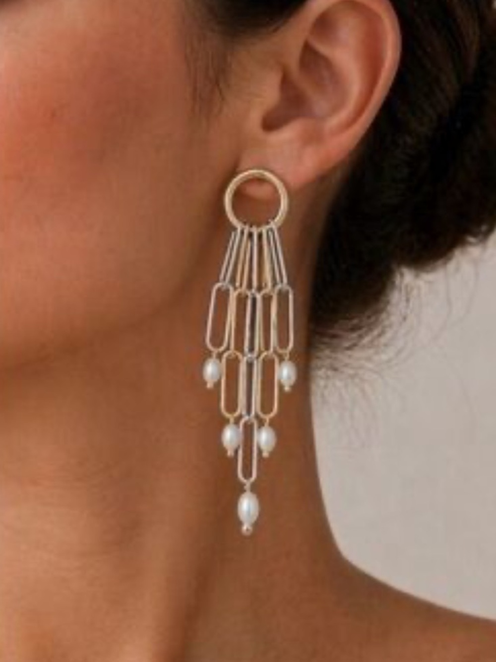Plunder Gold and Silver Tone Chandelier Earrings with Faux Pearl Accents